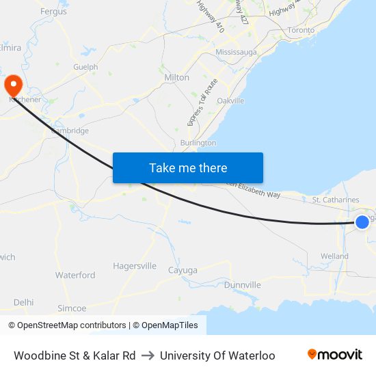 Woodbine St & Kalar Rd to University Of Waterloo map