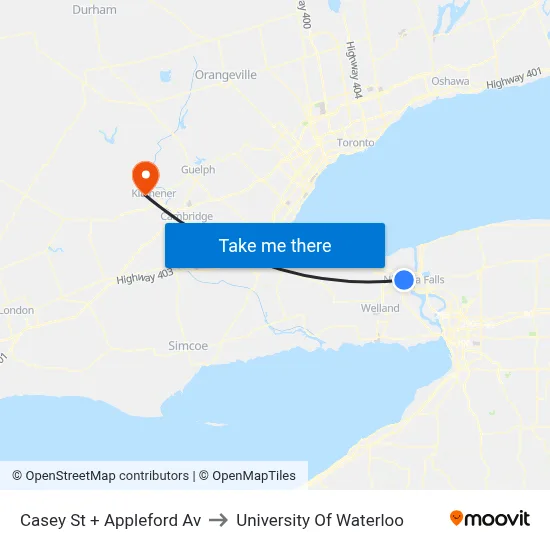 Casey St + Appleford Av to University Of Waterloo map