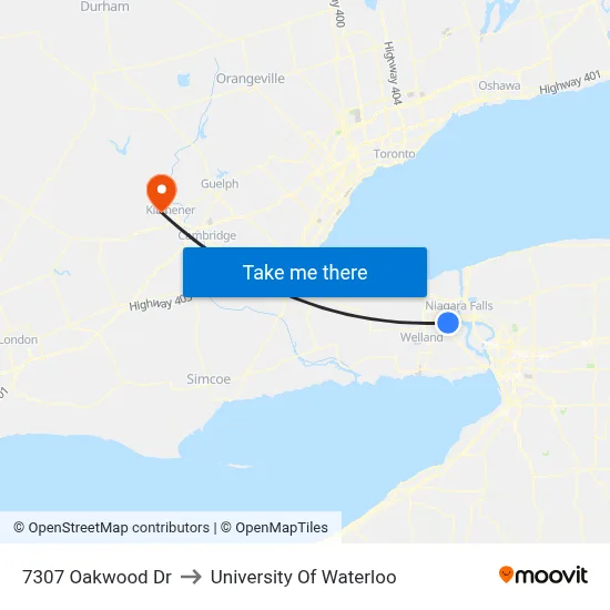 7307 Oakwood Dr to University Of Waterloo map