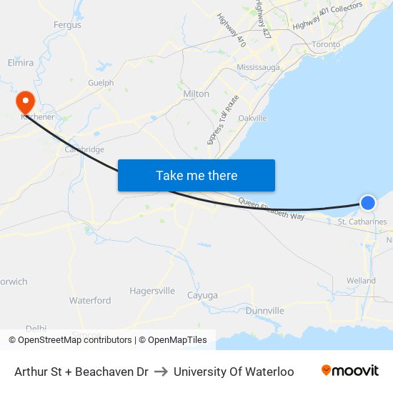 Arthur St + Beachaven Dr to University Of Waterloo map