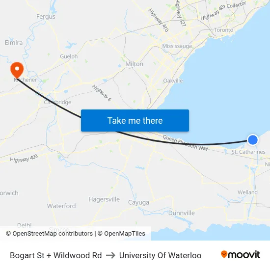 Bogart St + Wildwood Rd to University Of Waterloo map