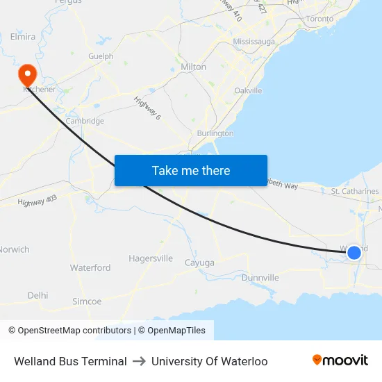Welland Bus Terminal to University Of Waterloo map