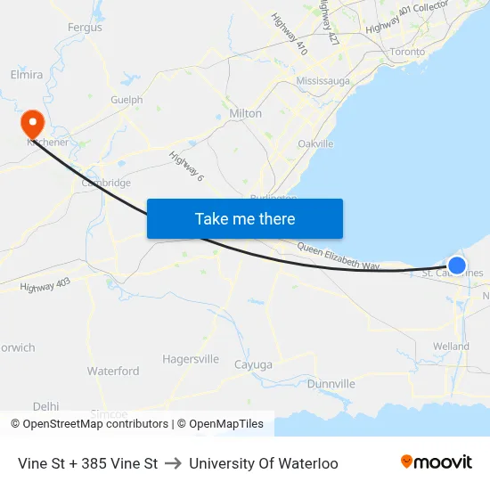 Vine St + 385 Vine St to University Of Waterloo map