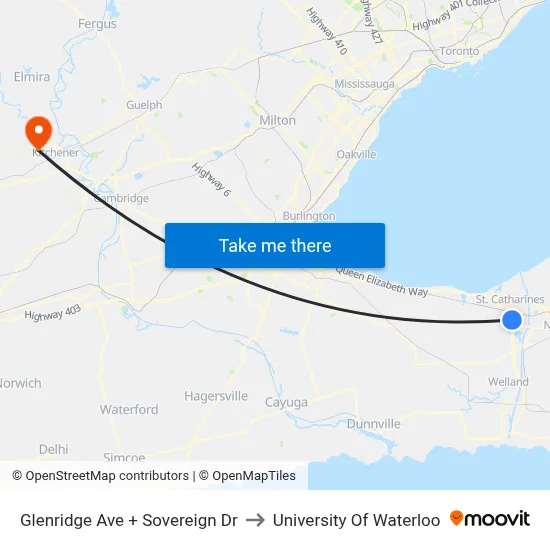 Glenridge Ave + Sovereign Dr to University Of Waterloo map
