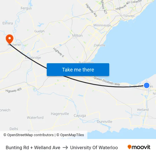 Bunting Rd + Welland Ave to University Of Waterloo map