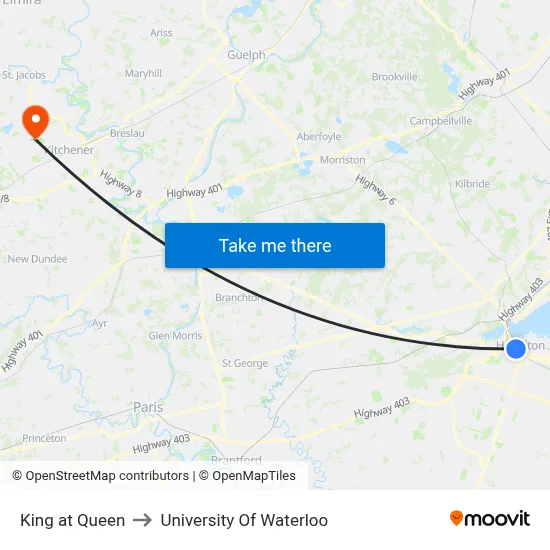 King at Queen to University Of Waterloo map