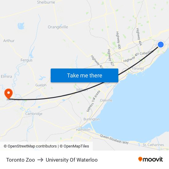 Toronto Zoo to University Of Waterloo map