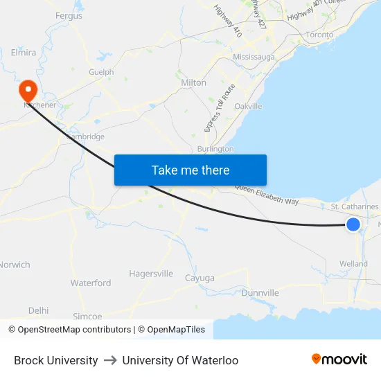 Brock University to University Of Waterloo map