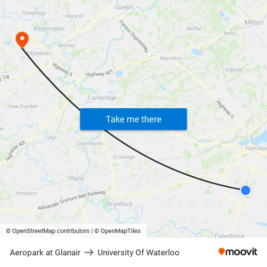 Aeropark at Glanair to University Of Waterloo map