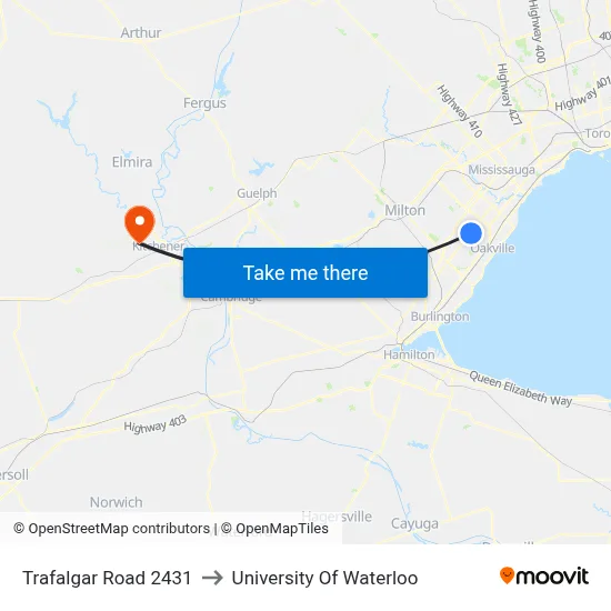 Trafalgar Road 2431 to University Of Waterloo map