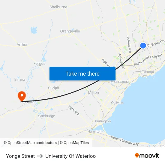 Yonge Street to University Of Waterloo map