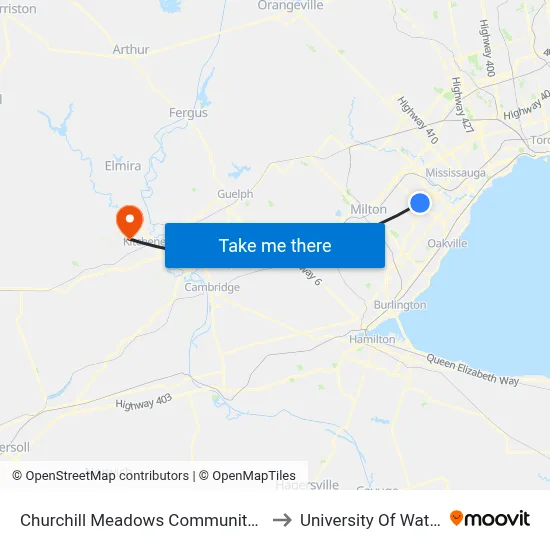 Churchill Meadows Community Centre to University Of Waterloo map