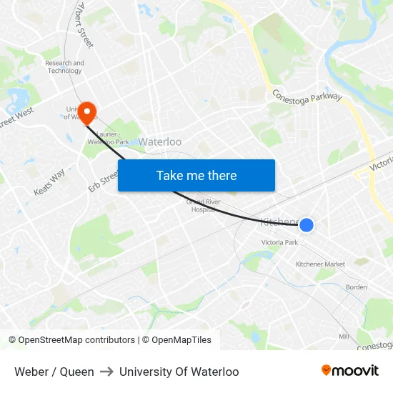 Weber / Queen to University Of Waterloo map