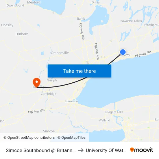 Simcoe Southbound @ Britannia Ave. to University Of Waterloo map
