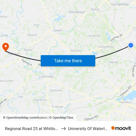 Regional Road 25 at Whitlock to University Of Waterloo map