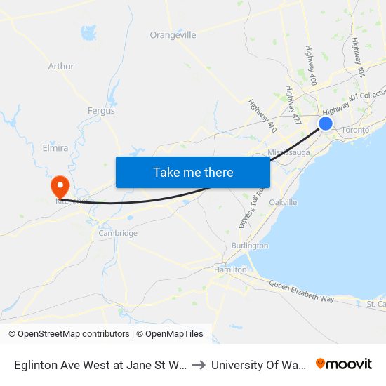 Eglinton Ave West at Jane St West Side to University Of Waterloo map