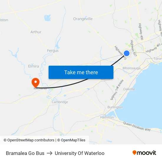 Bramalea Go Bus to University Of Waterloo map
