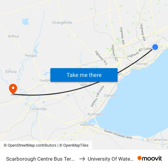 Scarborough Centre Bus Terminal to University Of Waterloo map