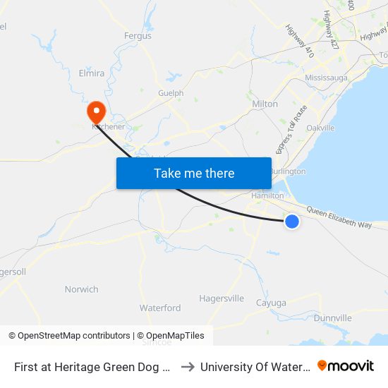 First at Heritage Green Dog Park to University Of Waterloo map