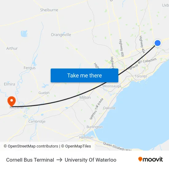 Cornell Bus Terminal to University Of Waterloo map