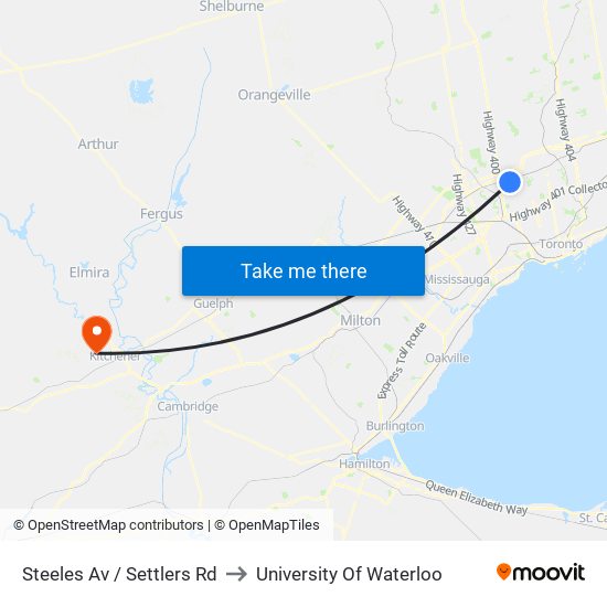 Steeles Av / Settlers Rd to University Of Waterloo map