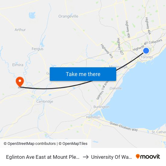 Eglinton Ave East at Mount Pleasant Rd to University Of Waterloo map