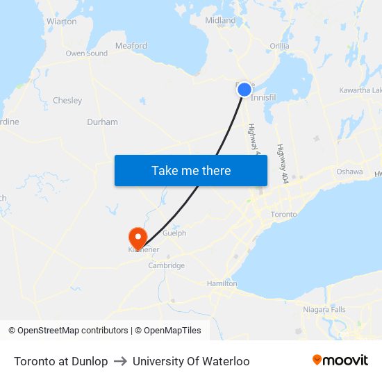 Toronto at Dunlop to University Of Waterloo map