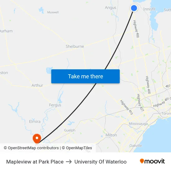 Mapleview at Park Place to University Of Waterloo map