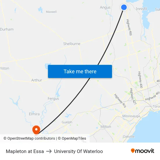 Mapleton at Essa to University Of Waterloo map