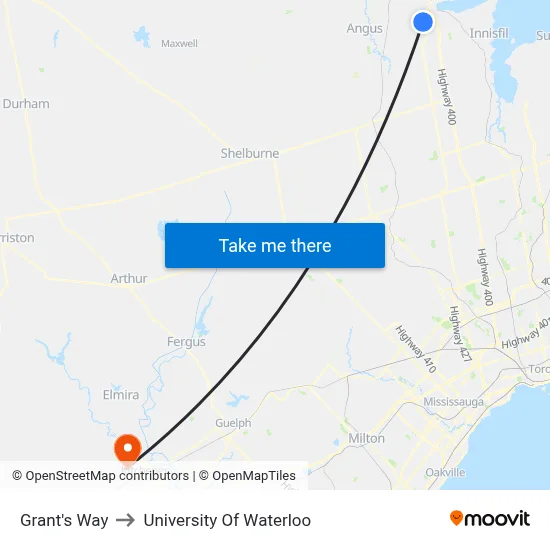 Grant's Way to University Of Waterloo map