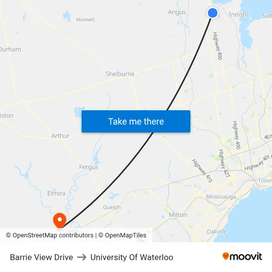 Barrie View Drive to University Of Waterloo map