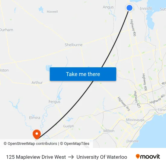 125 Mapleview Drive West to University Of Waterloo map