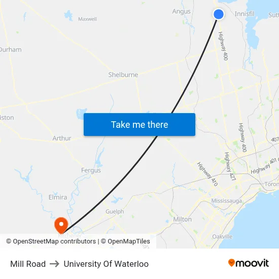 Mill Road to University Of Waterloo map