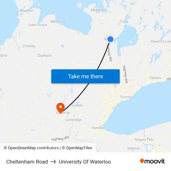 Cheltenham Road to University Of Waterloo map