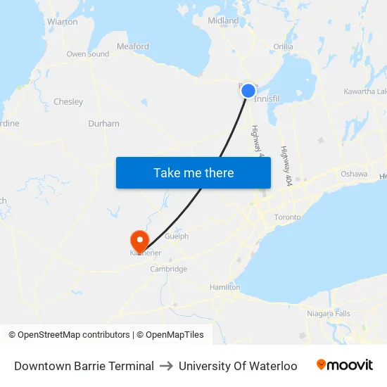 Downtown Hub to University Of Waterloo map