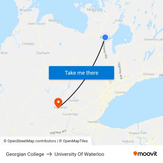 Georgian College to University Of Waterloo map
