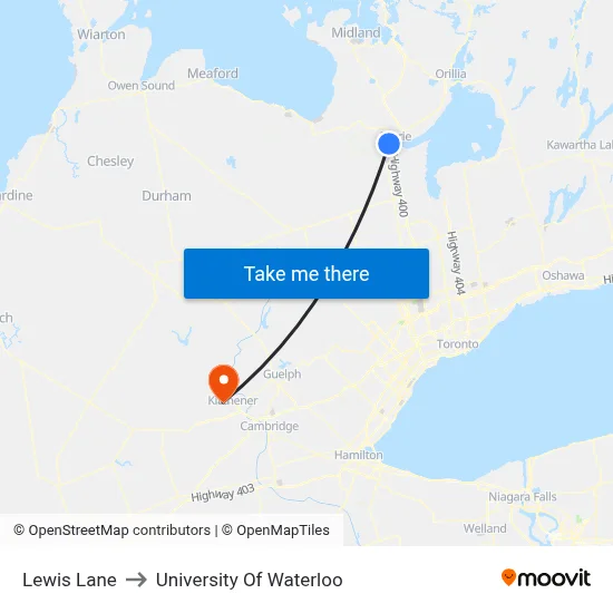Lewis Lane to University Of Waterloo map