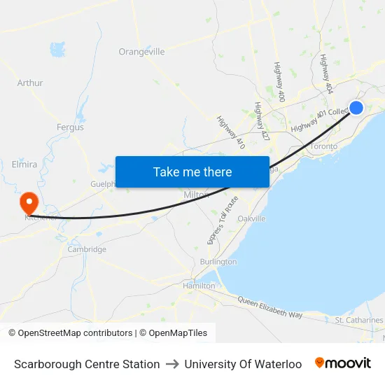 Scarborough Centre Station to University Of Waterloo map