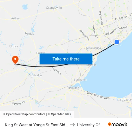 King St West at Yonge St East Side - King Station to University Of Waterloo map