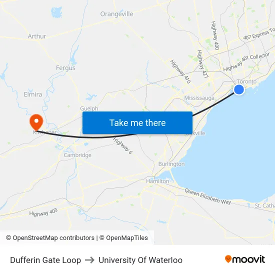 Dufferin Gate Loop to University Of Waterloo map