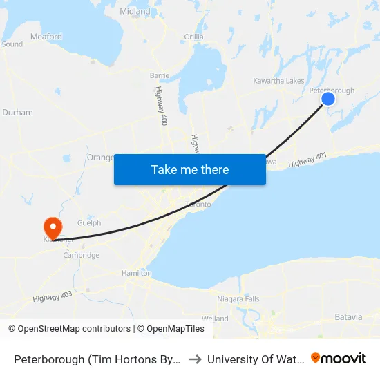 Peterborough (Tim Hortons Byersville) to University Of Waterloo map