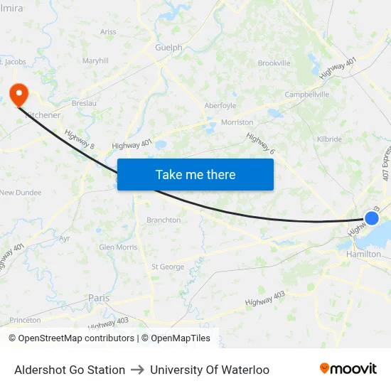 Aldershot Go Station to University Of Waterloo map