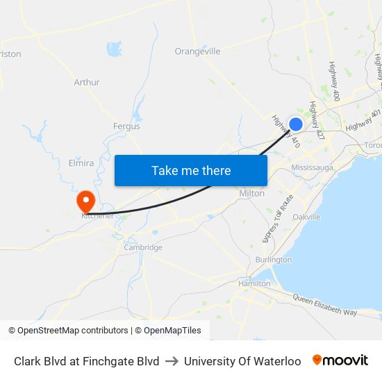 Clark Blvd at Finchgate Blvd to University Of Waterloo map