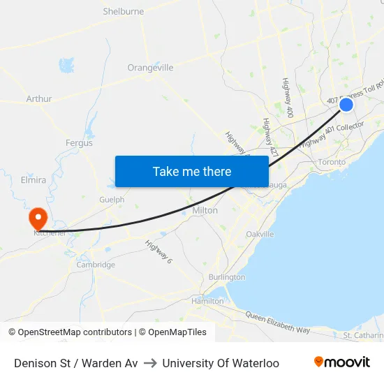 Denison St / Warden Av to University Of Waterloo map