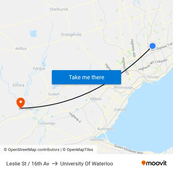 Leslie St / 16th Av to University Of Waterloo map
