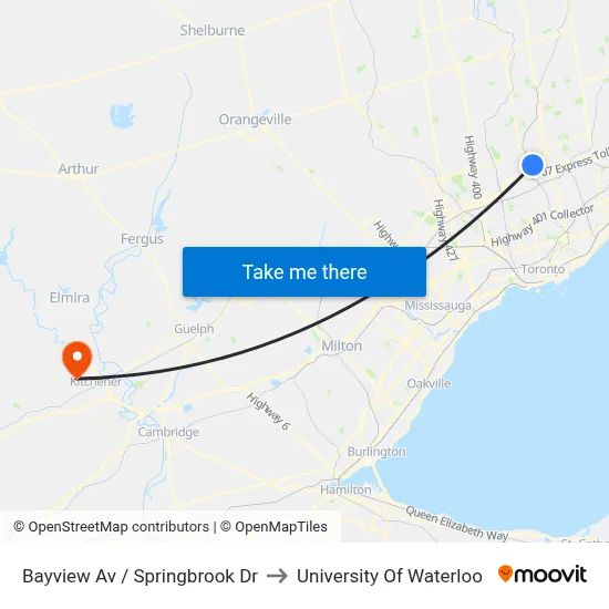 Bayview Av / Springbrook Dr to University Of Waterloo map