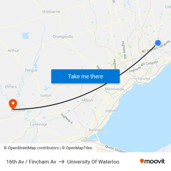 16th Av / Fincham Av to University Of Waterloo map