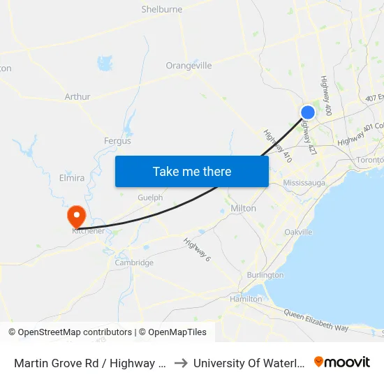 Martin Grove Rd / Highway 27 to University Of Waterloo map