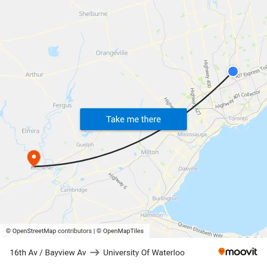 16th Av / Bayview Av to University Of Waterloo map