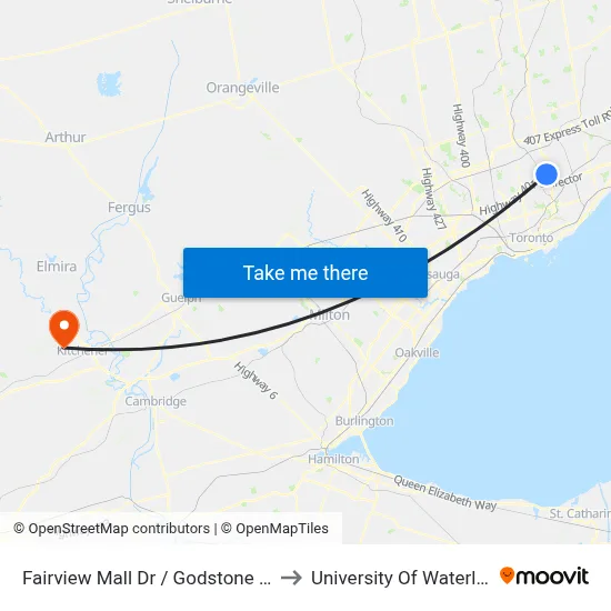 Fairview Mall Dr / Godstone Rd to University Of Waterloo map